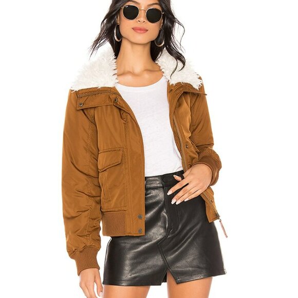 Sanctuary Aviator Flight Jacket Puffer in Caramel White Faux Fur Collar Sz Small - Picture 1 of 12